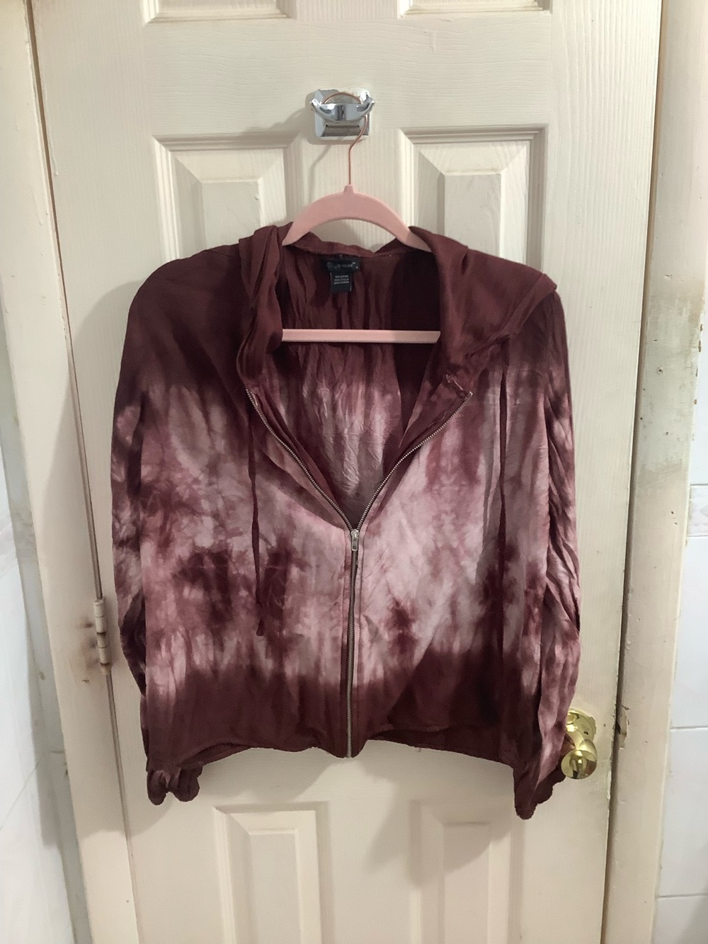 Tie-Dye Zip Hoodie Sweatshirt Burgundy Size XL